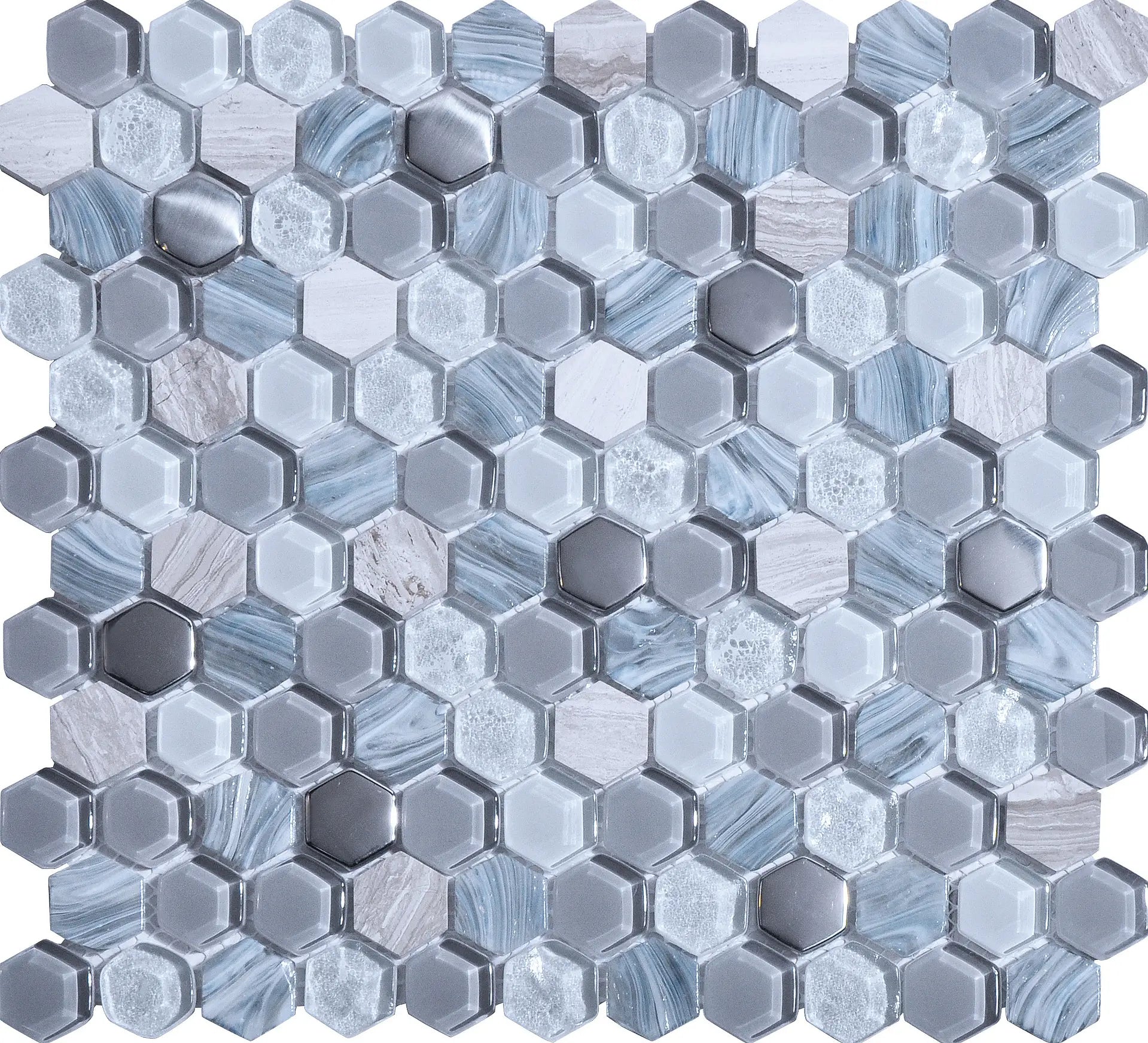 Mozaïek tegels Levend Grijs 30x30 - Hexagon Wandtegels Glas