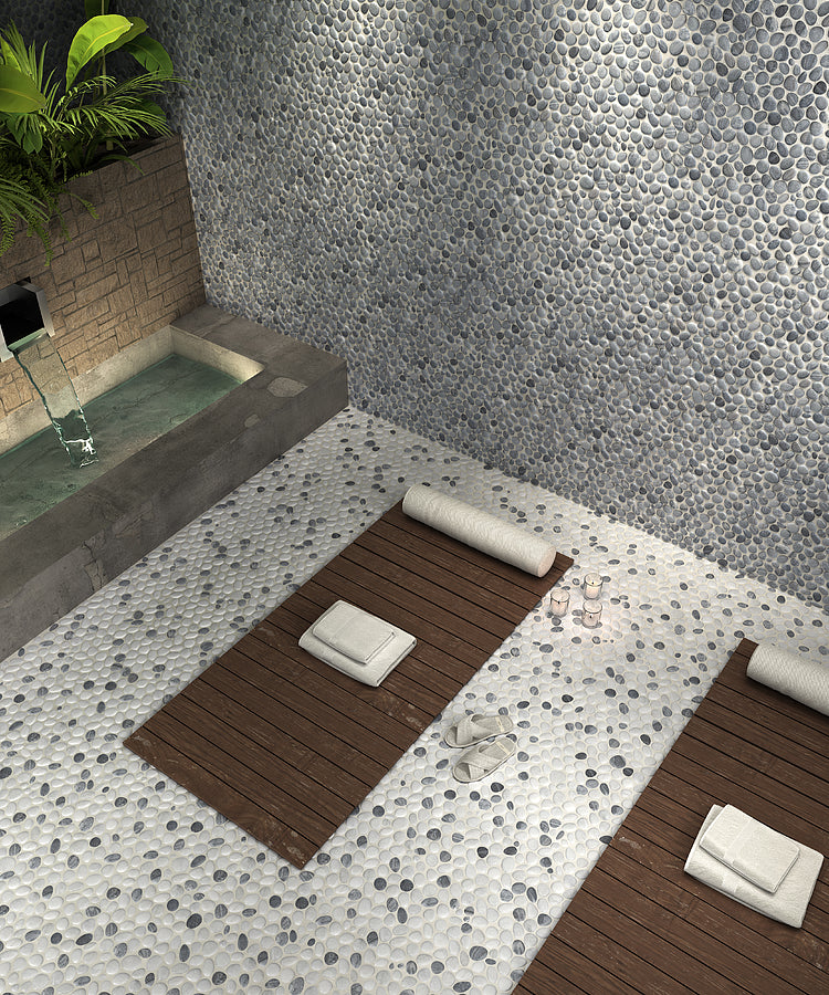 Mozaïek tegels Perla Niveau Grijs 26,5x26,5 - Kiezels Wand en vloer Natuursteen - Mozaiektegel.com