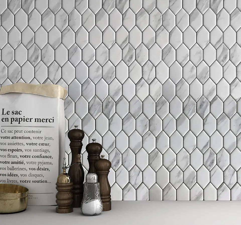 Mozaïek tegels Stedelijk Wit 26x28 - Hexagon Wandtegels Glas - Mozaiektegel.com