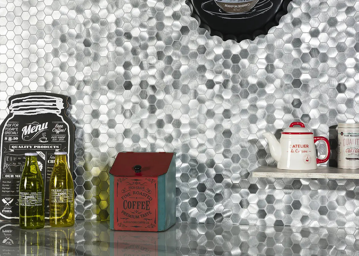 Mozaïek tegels Surfaces Alfa Zilver 28,3x24,5 - Hexagon Wandtegels Metaal - Mozaiektegel.com