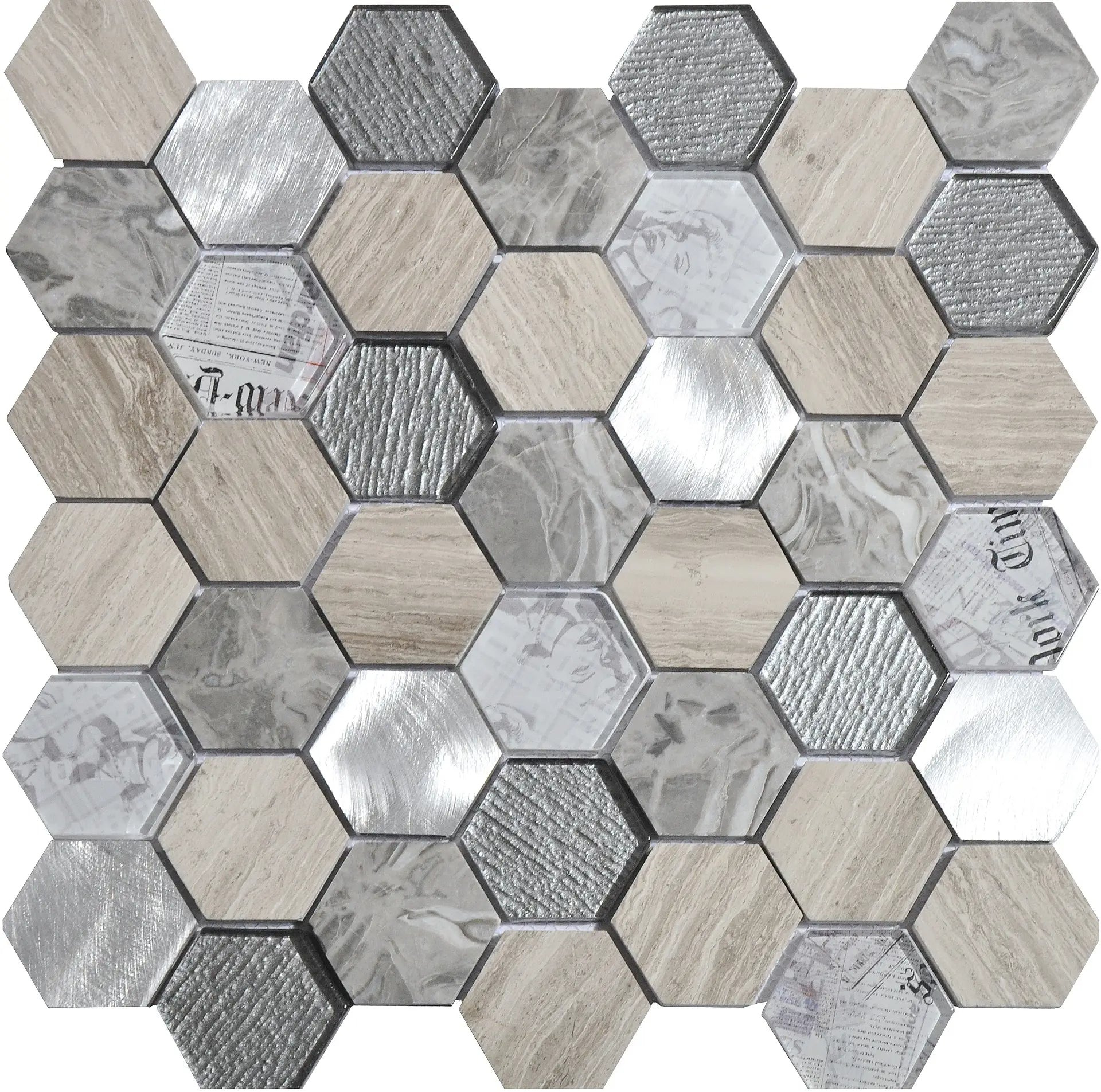 Mozaïek tegels Tour Grijs 30x30 - Hexagon Wandtegels Glas