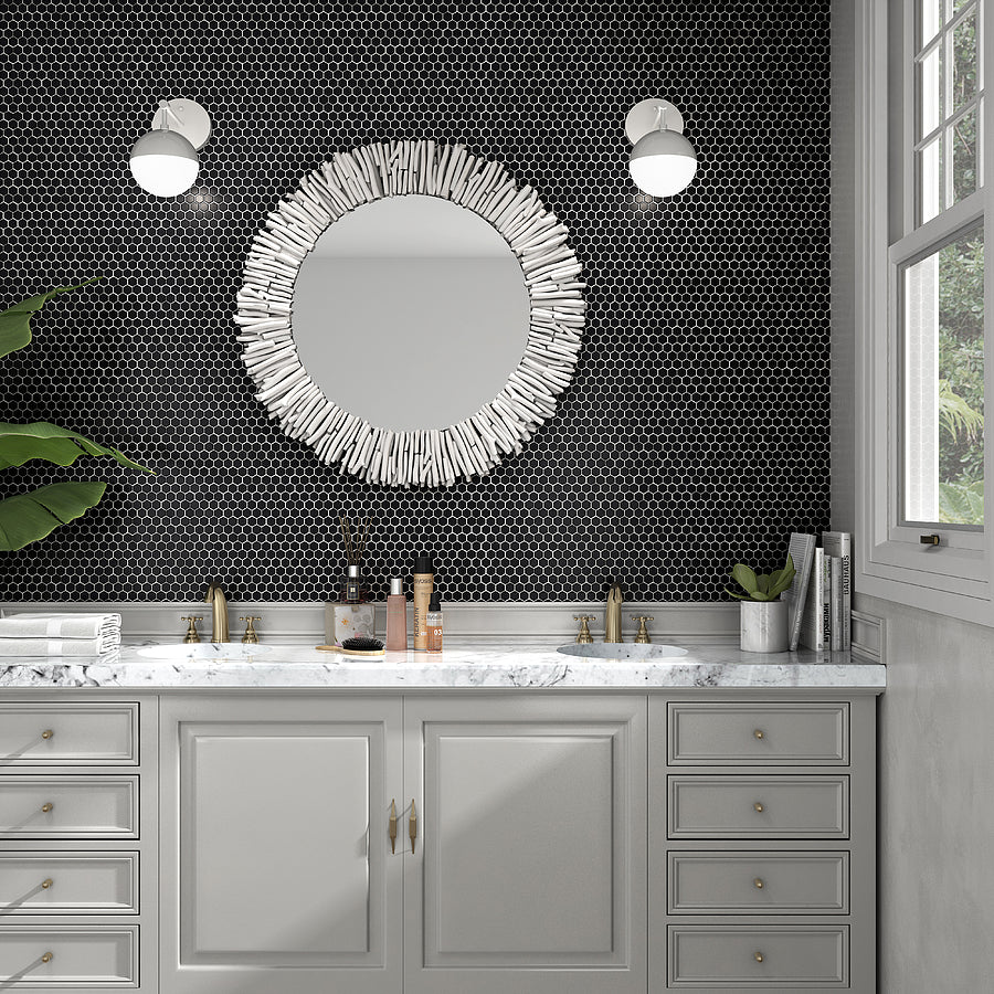 Mozaïek tegels Zeshoek Zwart Mat 26x30 - Hexagon Wand en vloer Geglazuurde porseleinen steengoed - Mozaiektegel.com