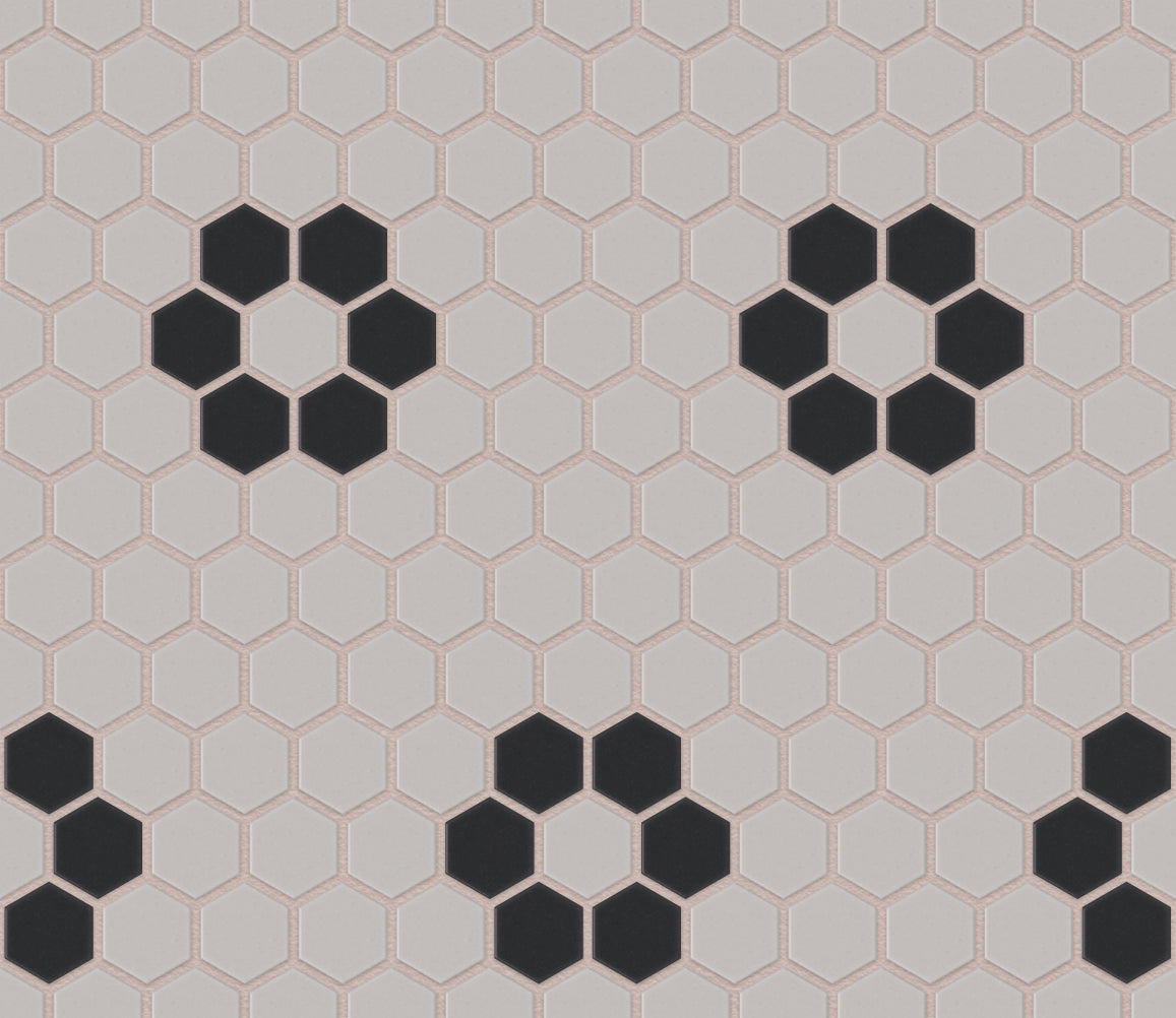 The Mosaic Factory London Mozaiek Tegel Hexagon - Wit/Zwart Porselein Ongeglazuurd, 4 black flowers 260x300 mm, voeg ancient white