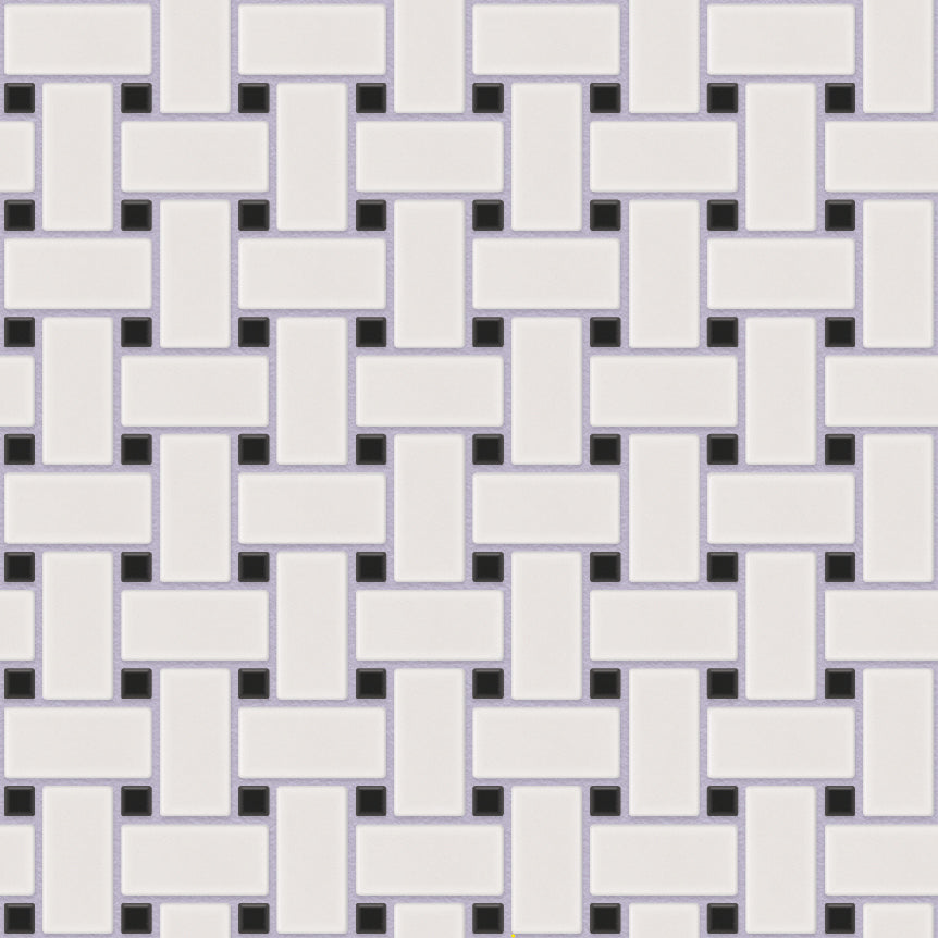The Mosaic Factory Paris Mozaiek Tegel Basketweave - Wit en Zwart Porselein Geglazuurd 300x300 mm, voeg light lilac