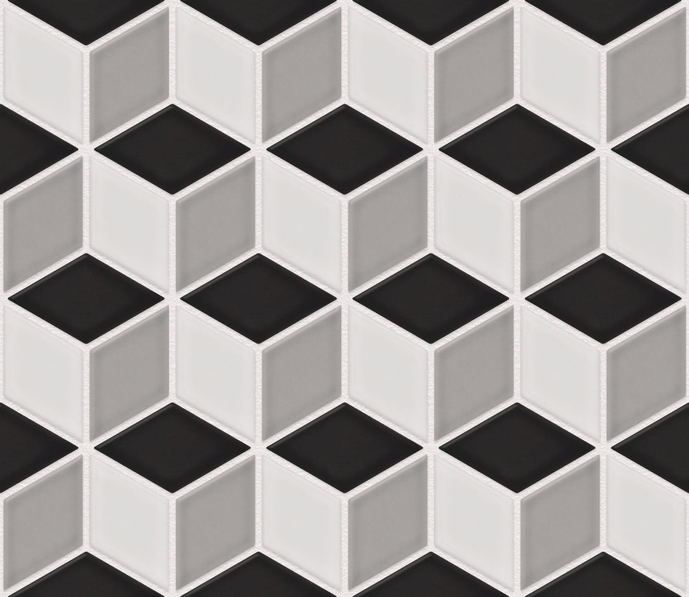 The Mosaic Factory Paris Mozaiek Tegel Cubic - Wit, Grijs, Zwart Mix Porselein Geglazuurd 266x305 mm, voeg white