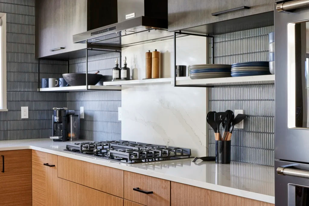 The Mosaic Factory Sevilla Mozaïek Tegel Mini Kitkat Vinger - Gespikkeld Grijs blauw Porselein Geglazuurd 282x308 mm, keuken