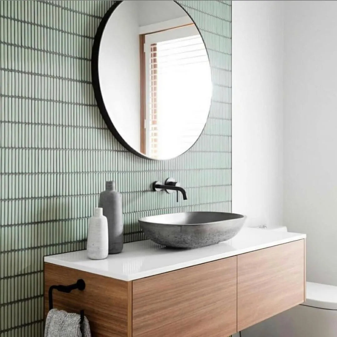 The Mosaic Factory Sevilla Mozaïek Tegel Mini Kitkat Vinger - Gespikkeld Lichtgroen Porselein Geglazuurd 282x308 mm, wasbak badkamer