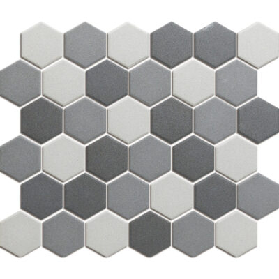 Light gray to dark gray hexagon tiles from The Mosaic Factory