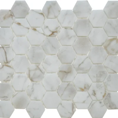 White marble tiles in hexagon shape, printed on recycled glass