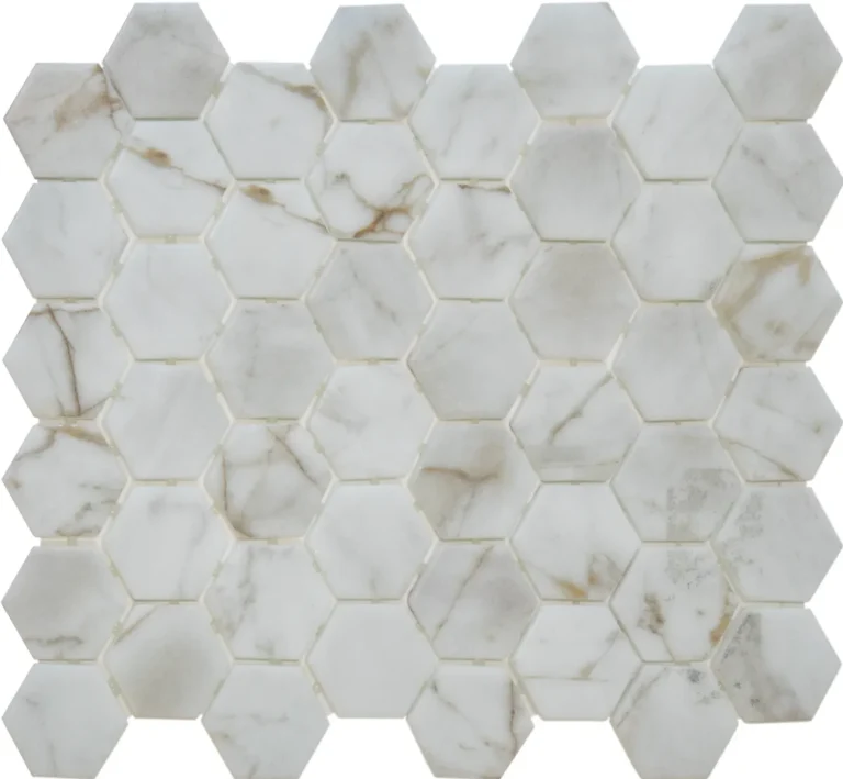 White marble tiles in hexagon shape, printed on recycled glass