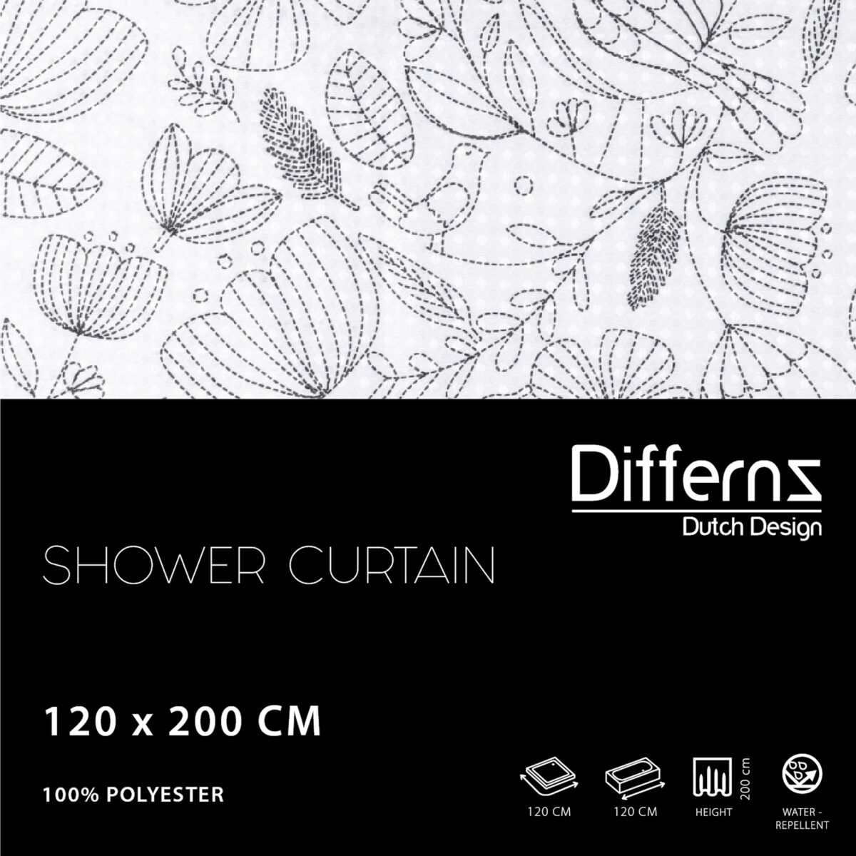 3101035 12 Differnz Flower douchegordijn 100% polyester - verzwaarde onderzoom - 120 x 200 cm - zwart/wit